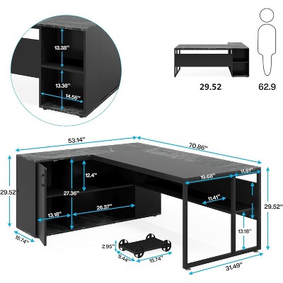 Black L-Shaped Executive Desk with Storage Cabinet and Shelves