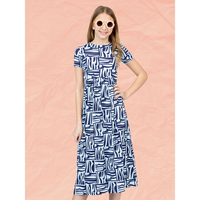 24sevenkid Girls Short Sleeve Blue Geo Print Maxi Dress, 5 of 6