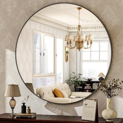 Beautyolove Round Mirror 24 Black Wall Mounted Circle Mirrors Vanity Mirror with Brushed Aluminum Alloy Frame Modern Decoration