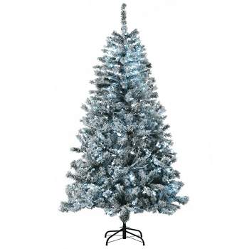 HOMCOM 6 FT Prelit Artificial Christmas Tree Holiday Decoration with Snow Flocked Branches, Cold White LED Lights, Auto Open, Green