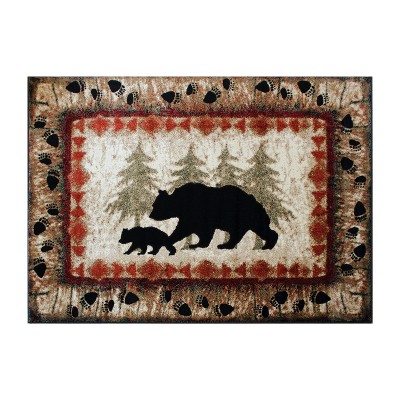 Emma and Oliver Cabin Theme Accent Rug with Bear and Cub Design with Trees in Background and Bear Track Patterned Edges