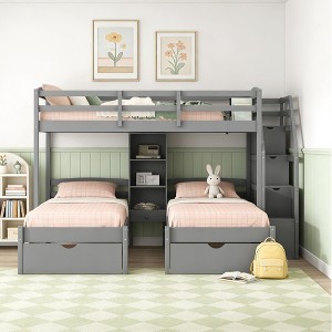 Luxystar Twin Size Triple Bunk Bed with 3 Drawers, 6 Shelves, High Guardrails and Sloped Ladder, Gray - 1 of 4