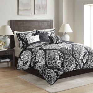 Sapphtopaz 6 Piece Full/Queen Comforter Set Bedding Set Damask Plant Print Pattern with Solid Color Back Reversible Cotton Quilt Set - 1 of 4