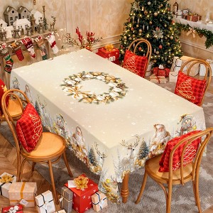 Christmas Tablecloth with Santa, Reindeer and Snowman Designs, Dustproof Dining Table Cover for Festive Holiday Decor - 1 of 4