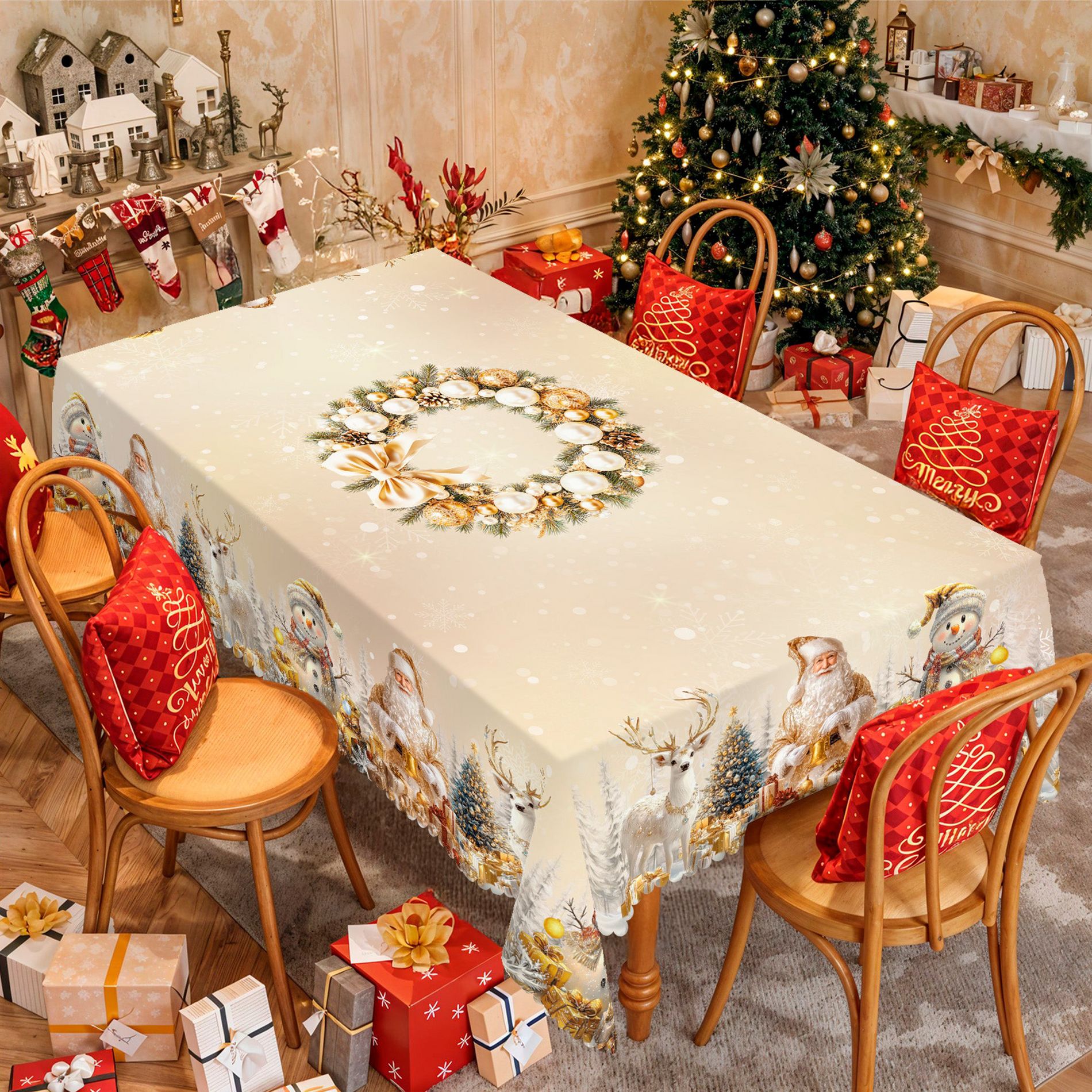 Christmas Tablecloth with Santa, Reindeer and Snowman Designs, Dustproof Dining Table Cover for Festive Holiday Decor