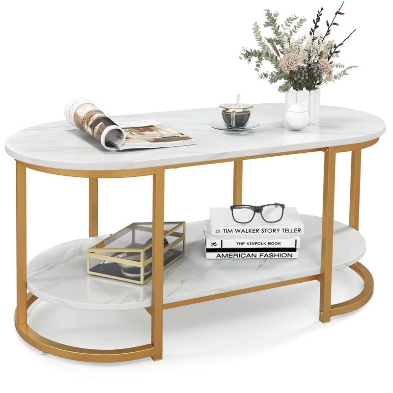 Costway White Marble Coffee Table  Modern 2-Tier Center Table with Open Storage Shelf, 1 of 11