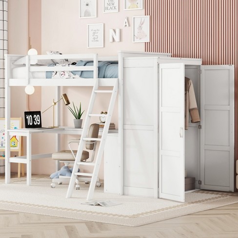 Twin Size Wood Loft Bed With Desk, Shelves And Wardrobe 4a, White ...