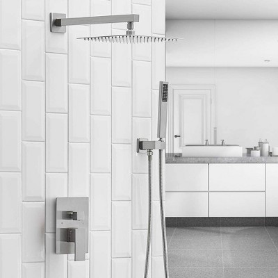12-Inch Brushed Nickel Square Rain Shower System with Handheld