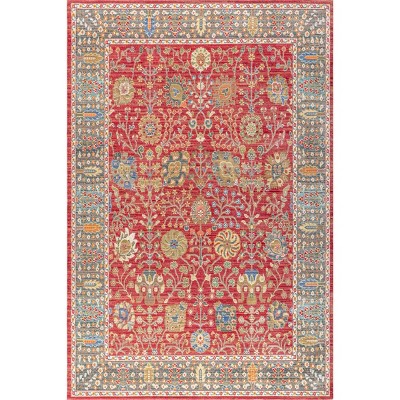 Burgundy and Light Blue Synthetic Floral Area Rug
