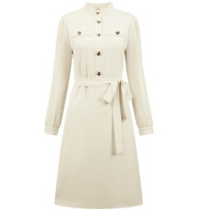 INSPIRE CHIC Women's Button Up A-Line Puff Long Sleeve Tie Waist Business Casual Knee Length Dress - 1 of 4