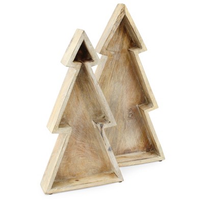 AuldHome Design Wooden Christmas Tree Trays, 2pc Set, Rustic Farmhouse Holiday Christmas Serving Decorative Platters