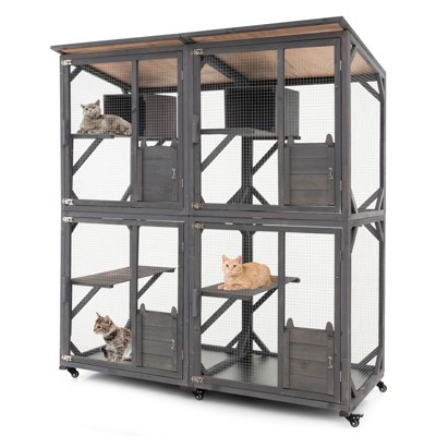 Costway Outdoor Wooden Cat House 72" Tall Kitten Enclosure w/ Weatherproof Asphalt Roof