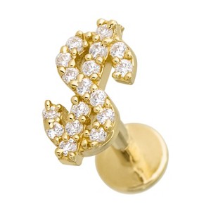 Jewelry Avalanche Solid 14K Gold Dollar Sign Labret Stud, Helix, Tragus, 8mm Post, Internally Threaded, Flat Back, CZ Accent - 1 of 4