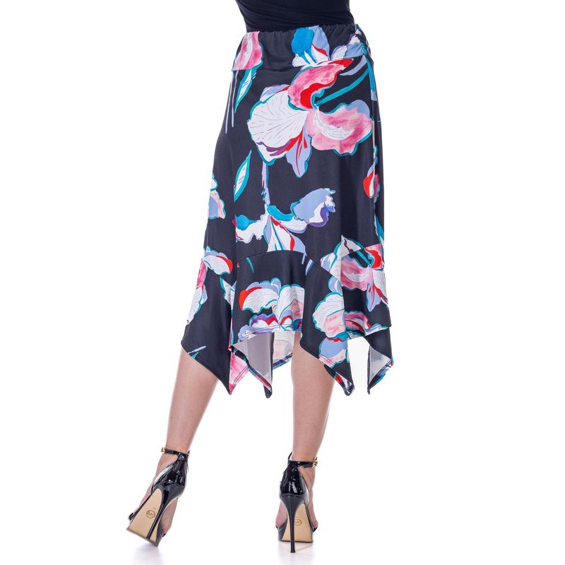 24seven Comfort Apparel Womens Elastic Waist Floral Knee Length Handkerchief Hemline Skirt, 3 of 7