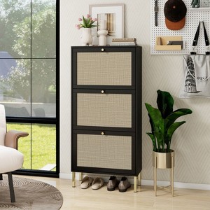 Okak Modern Freestanding Shoe Cabinet with 3 Flip Drawers,Rattan Shoe Organizer,Hidden Shoe Rack Cabinet for Entryway,Hallway,Living Room, Black - 1 of 4