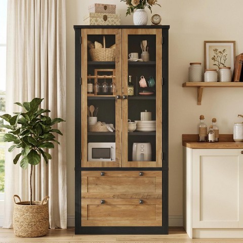 Garvee 72" Tall Kitchen Pantry Cabinet with 2 Drawers, Farmhouse Kitchen Cupboard with Glass Doors and Adjustable Shelves, for Dining Room, Black + Brown