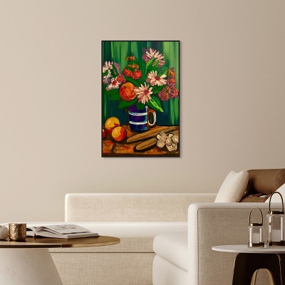 Art Remedy Floral Vase and Fruits Painting on Canvas with Black Frame