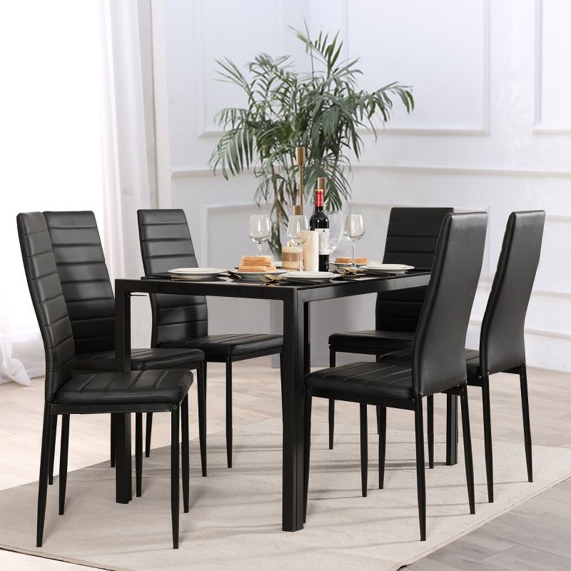 Costway 7 PCS Kitchen Dining Table Set Breakfast Furniture w/ Glass Top Padded Chair, 3 of 13