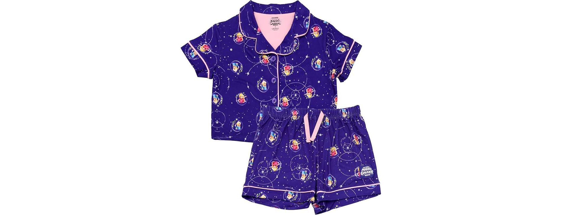 Super Mario Galaxy Movie Girls Short Sleeve Button-Up Pajama Set with Shorts, Purple Galaxy Print with Pink Piping, Sizes 4-10