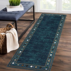 2x6 Runner Rugs for Hallway ¨C Washable Modern Geometric Rug with Border, Non-Slip Low Pile Carpet for Bedroom, Living Room & Laundry (Teal) - 1 of 4