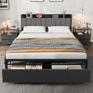 Full Size Bed Frame with Storage Drawers, Platform Bed with Upholstered Headboard, Metal Slats Support, No Box Spring Needed Black - 1 of 4