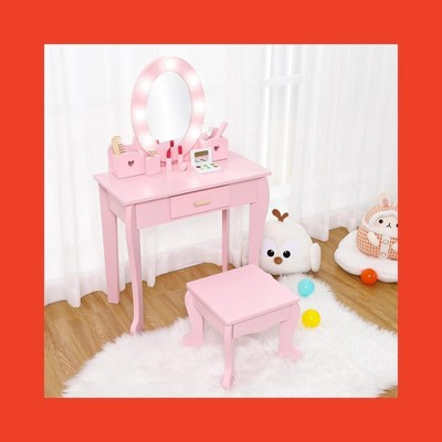 Garvee Vanity Set,Girls' Vanity Table and Chair Set, Makeup Table with Lights Mirror ,for Age 4-9, White