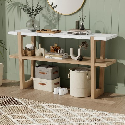 Homy Casa Modern Console Table with Faux Marble Top and Open Shelf for Entryway or Living Room, White and Natural