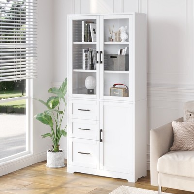 KTMBDW Display Cabinet with Glass Doors and 3 Drawers, Curio Cabinet with 3 Shelves, Bookcase Storage Cabinet for Living Room, Bathroom, White