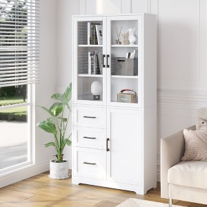 KTMBDW Display Cabinet with Glass Doors and 3 Drawers, Curio Cabinet with 3 Shelves, Bookcase Storage Cabinet for Living Room, Bathroom, White - 1 of 4