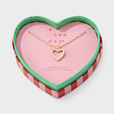 14K Gold Dipped Pave Pearl Open Heart Pendant Necklace - A New Day™ Gold/White