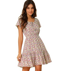 Allegra K Women's Flutter Sleeve Elastic Waist Swing Ruffle Hem Floral Dress - 1 of 4
