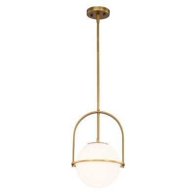 C Cattleya 1-Light Antique Brass Sphere Pendant Light with Opal Glass Shade