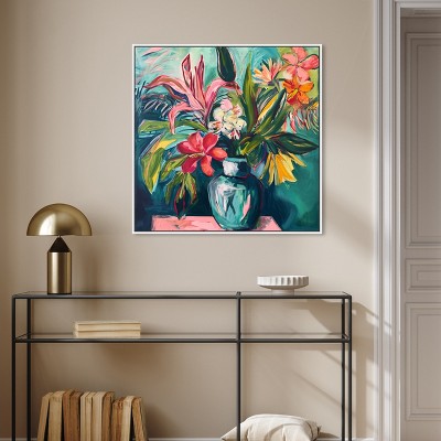 Bright Tropical Flowers on Canvas with White Frame, 31" x 31"