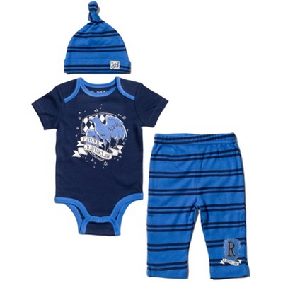 Harry Potter Gryffindor Hufflepuff Ravenclaw Baby Bodysuit Pants and Hat 3 Piece Outfit Set Newborn to Infant