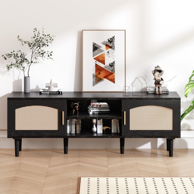 Sevobal Decorative Storage Cabinets, Rattan Mid Century, Living Room TV Cabinet, Cabinet for Kitchen Bedroom, Black 53.9*13.8*18.9