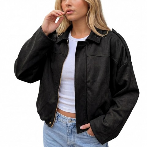 Женские куртки INSPIRE CHIC Women's Cropped Faux Suede Lapel Batwing Sleeve Zip Up Bomber Outerwear Jacket S Black