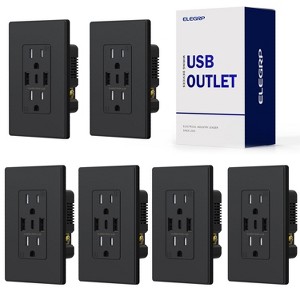 ELEGRP 3 Ports Dual Type A & Type C USB Charger Wall Outlet, 15 Amp Tamper-Resistant Outlet, with Wall Plate, Black(6 Pack) - 1 of 1