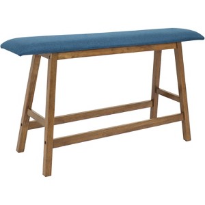 Sunnydaze Indoor Wooden Counter-Height Dining Bench - Weathered Oak Finish with Blue Cushion - 1 of 4