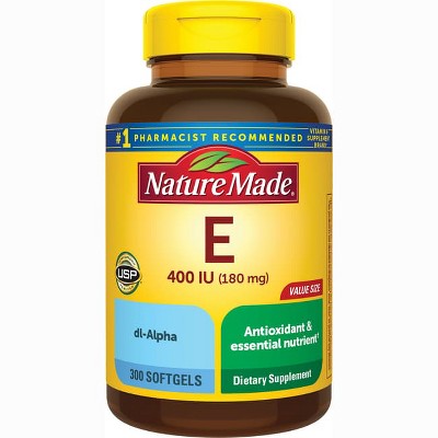 Nature Made Vitamin E 180 mg (400 IU) dl-Alpha, Dietary Supplement for Antioxidant Support, 300 Softgels, 300 Day Supply.