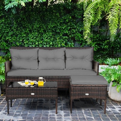 Gray 3-Piece Wicker Patio Conversation Set with Cushions and Table