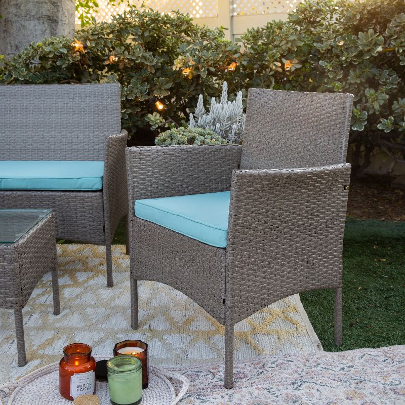 Barton 4 Pieces Outdoor Patio Furniture Set Conversation Sofa and Table Set, Gray/Aqua, 3 of 7