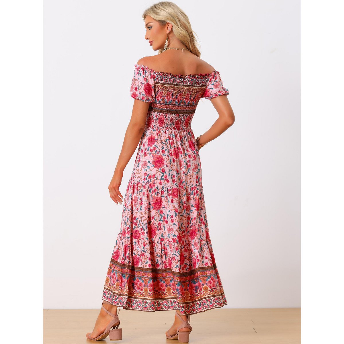 Женские платья INSPIRE CHIC Women's Boho Floral Square Neck Midi Smocked Maxi Dress Medium Pink — фото 3