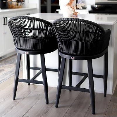 PURPLE LEAF Outdoor Bar Stools Set of 2 Patio Metal Modern Wicker Bar Chairs Woven Aluminum Barstools