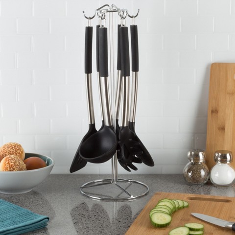 Hastings Home Classic Cuisine 7-Piece Cooking Utensil Set – Stainless Steel & Silicone Kitchen Tools with Holder, Heat Resistant & Nonstick Safe
