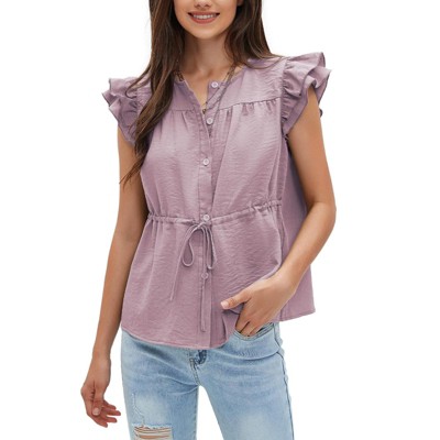 EXLURA Womens Button Down Blouses Casual Ruffle Cap Sleeve Crewneck Summer Peplum Drawstring Tops