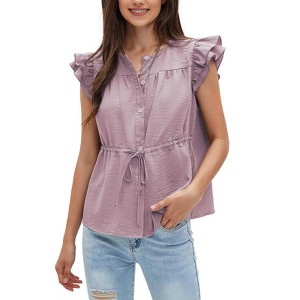 EXLURA Womens Button Down Blouses Casual Ruffle Cap Sleeve Crewneck Summer Peplum Drawstring Tops - 1 of 4