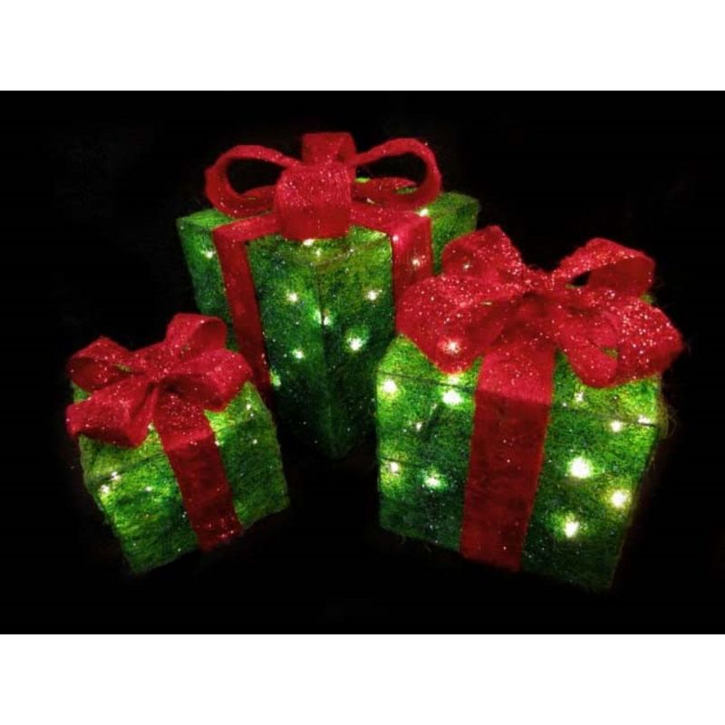 Northlight Set of 3 Lighted Green Gift Boxes with Red Bows Outdoor Christmas Decorations 10", 3 of 5