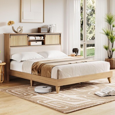 Homhougo Rattan Bed Frame King with Shelves, Boho King Bed Frame with Shelf Headboard Sliding Door Ivory