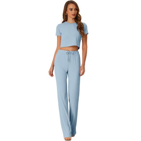 Allegra K Women's Two Pieces Lounge Set Short Sleeve Bodycon Ribbed Knit  Crop Top Loose Wide Leg Pant Casual Outfits Sweatsuit Light Blue Medium