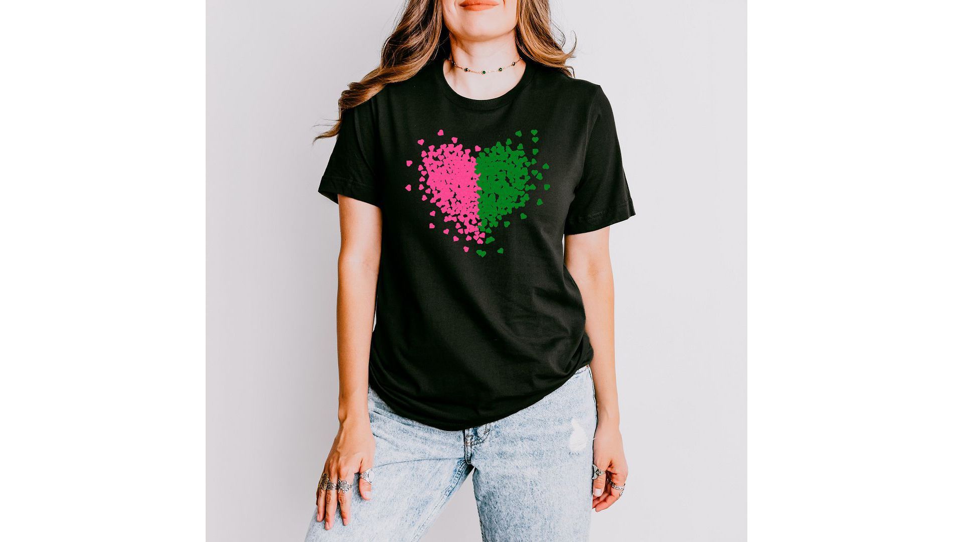 Simply Sage Market Women's Pink and Green Hearts Short Sleeve Graphic Tee - XS - Black
